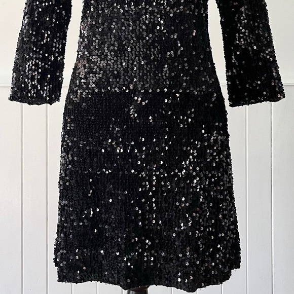 Zara Basic Black Mock Neck Open Back 3/4 Sleeve Sequin Mini Dress Size L - Picture 3 of 15